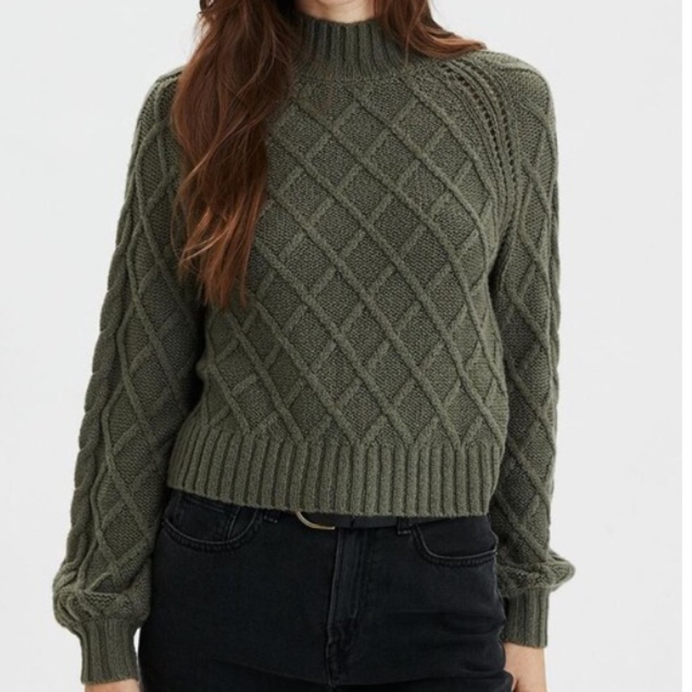 American Eagle Women Green Cable Knit Mock Neck Pullover Sweater